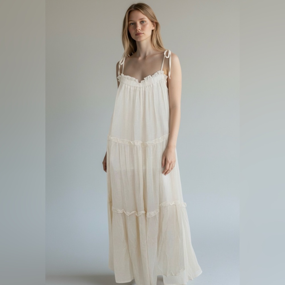 &Merci Kathleen Boho Tired Shoulder Ties Elegant Cream Maxi Dress - Picture 3 of 12
